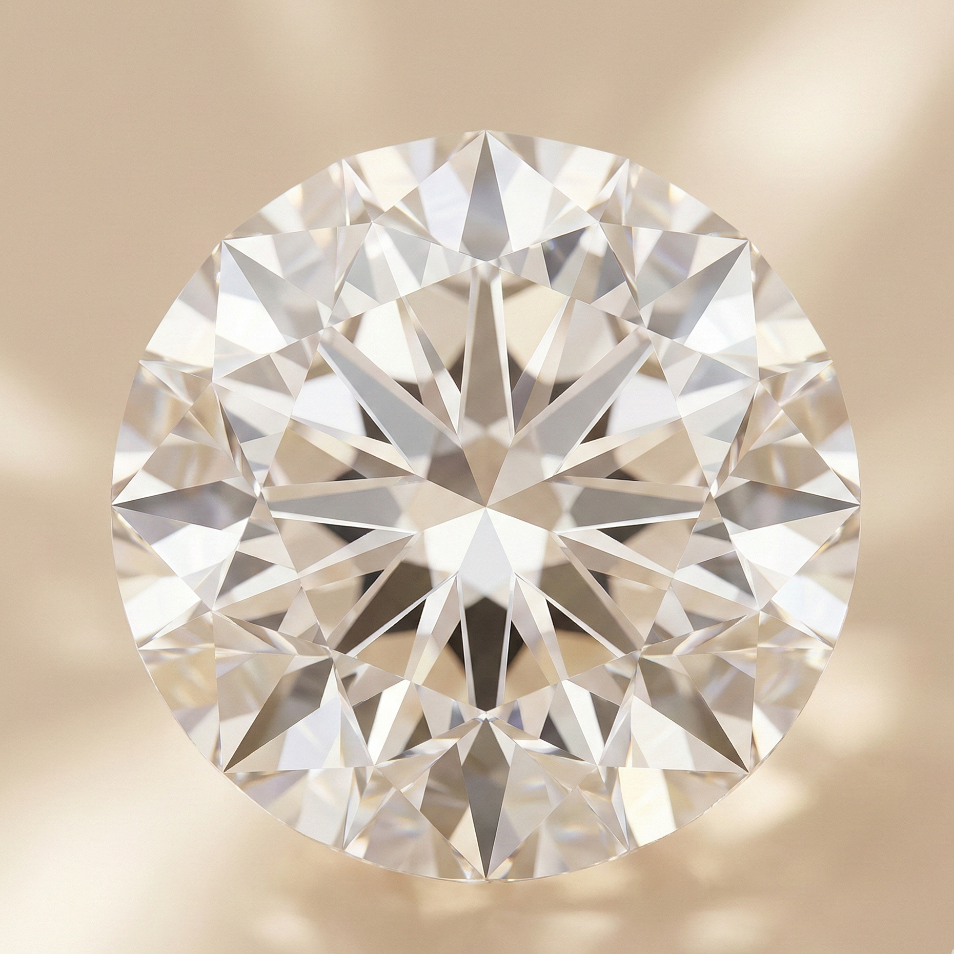 Macro image of a large round brilliant diamond with crisp facets and strong light return on a champagne beige background, illustrating the Carat size aspect of the 4Cs.