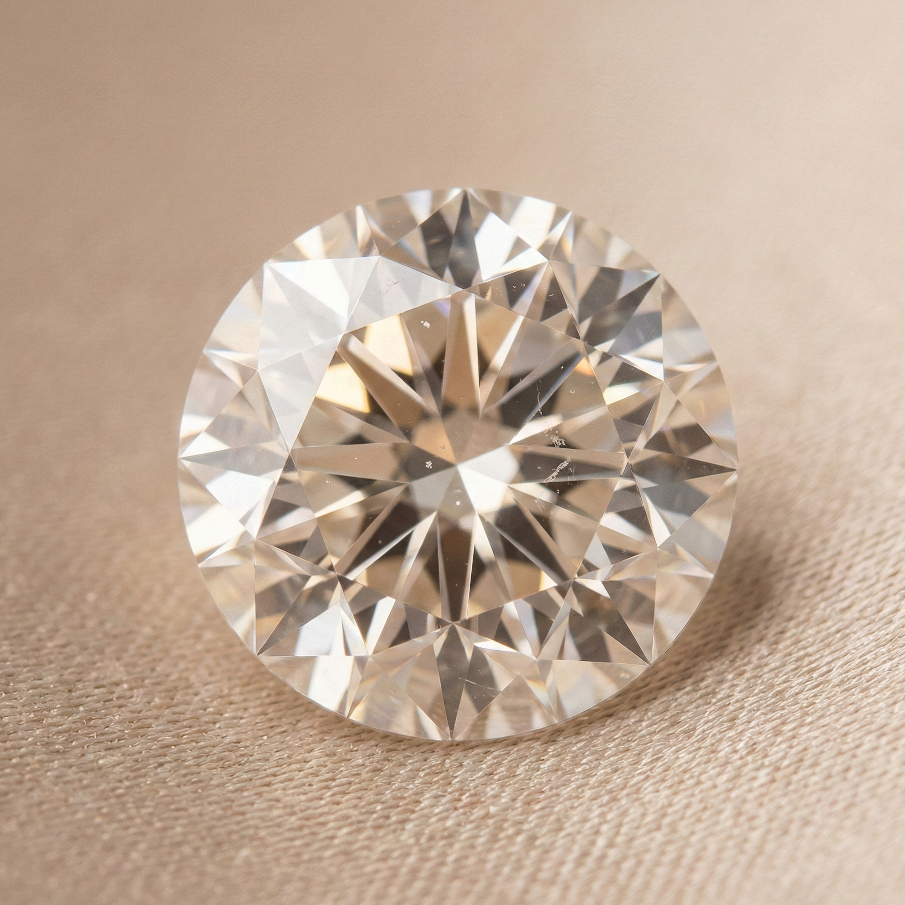 Macro close-up of a round brilliant diamond showing visible internal inclusions and natural imperfections on a soft neutral beige background, illustrating the Clarity aspect of the 4Cs.