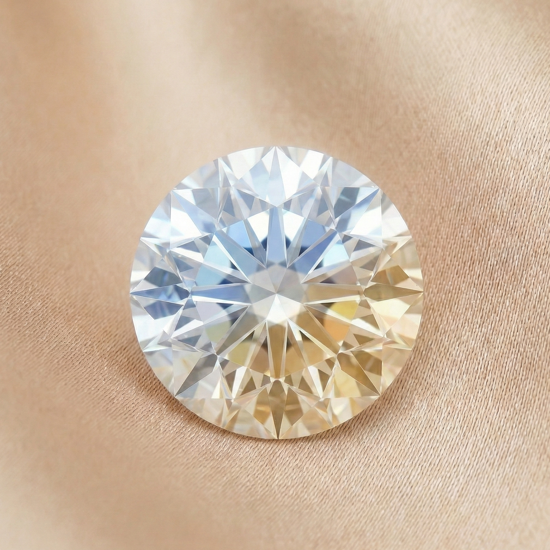 High-resolution macro of a round brilliant diamond showing subtle warm and cool tones against a champagne fabric background, illustrating the Colour aspect of the 4Cs.