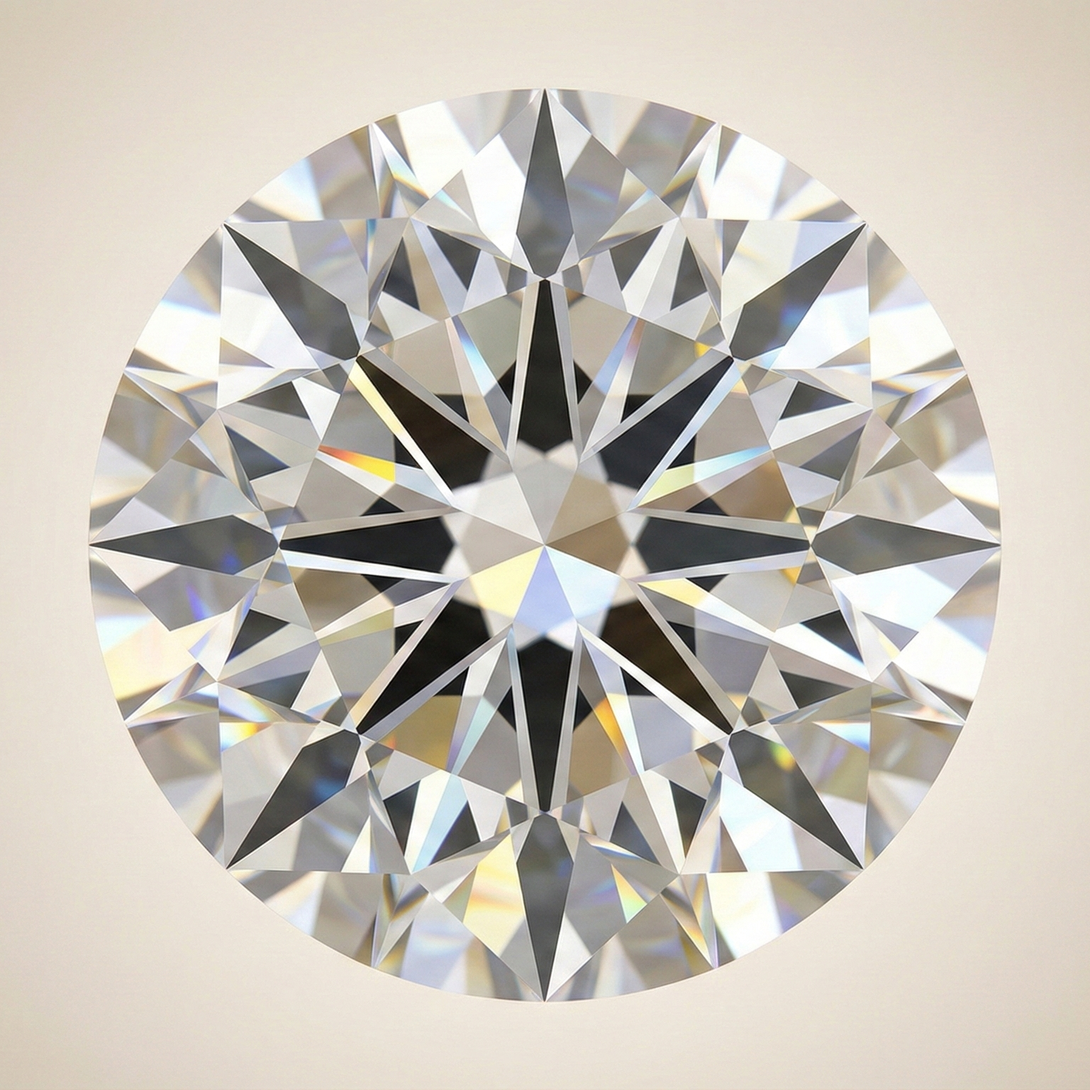 A high-resolution top-down macro shot of a Super Ideal Cut round diamond, clearly displaying a precise and symmetrical eight-arrow pattern. The diamond exhibits exceptional brilliance and fire against a clean, modern champagne gradient background, highlighting the quality of the cut.