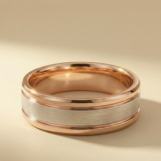 Two-Tone Men’s Wedding Band in Rose Gold with Brushed White Gold Centre - Image 1