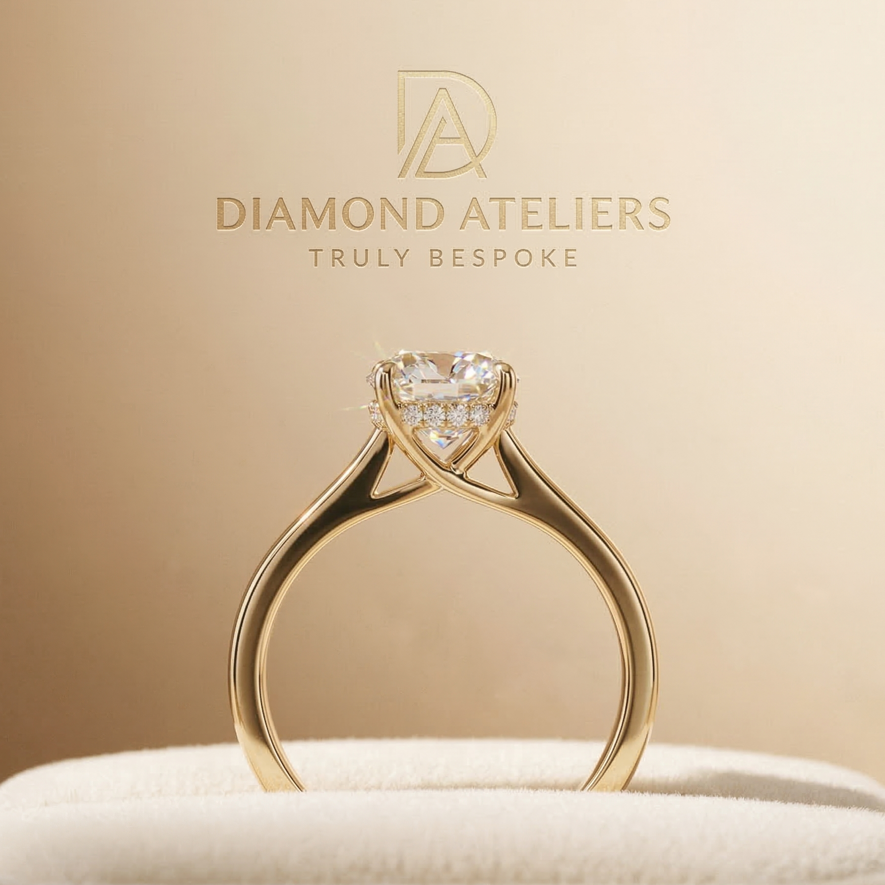 Gold ring with a heart-shaped diamond on a beige background, featuring the Diamond Ateliers logo.