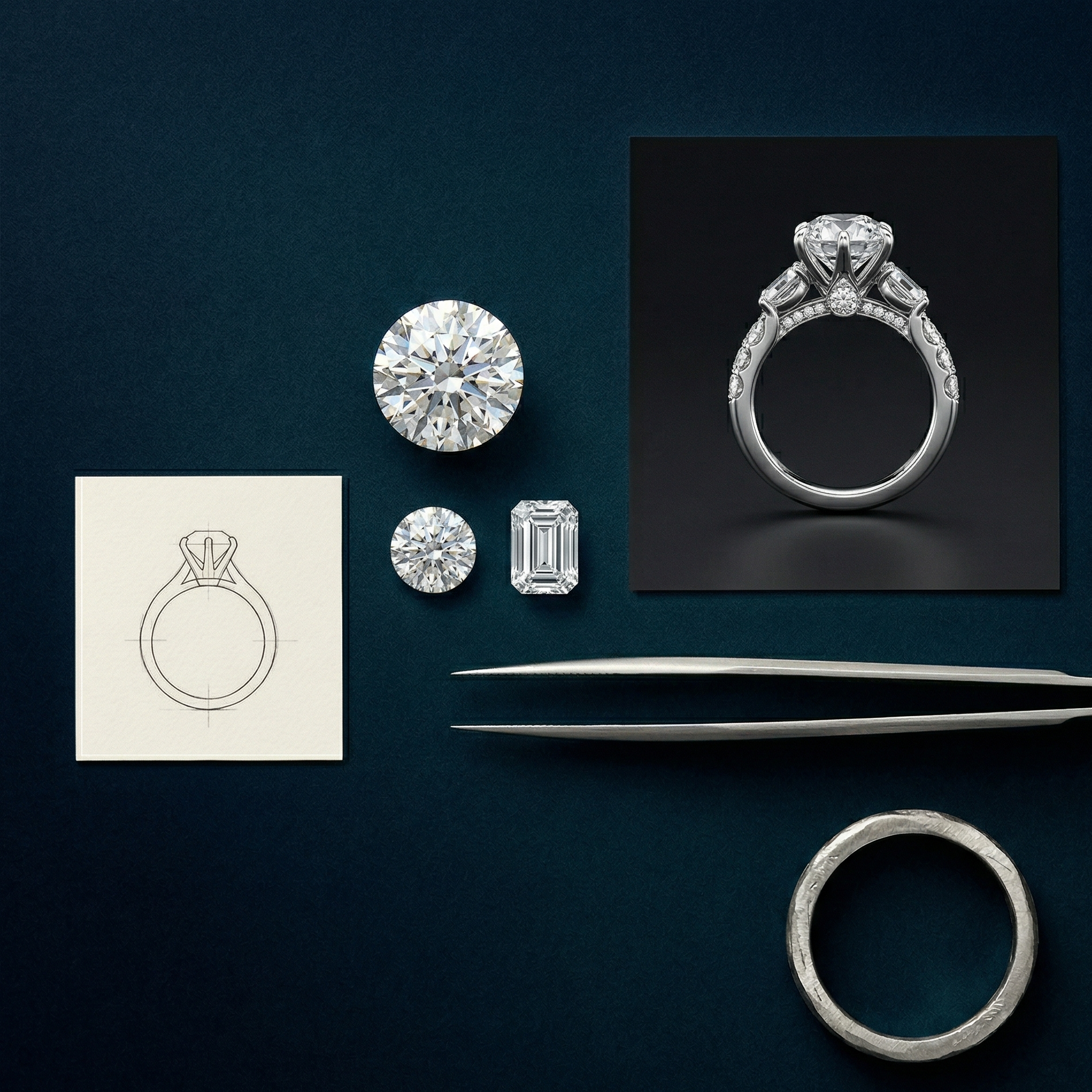 A top-down product photograph showcasing the process of creating a bespoke diamond engagement ring. On a deep blue textured surface are several items: a precise technical ring blueprint on a light card, three different loose white diamonds (one large round brilliant, one smaller round, and one emerald cut), a photorealistic finished-design mockup of a three-stone engagement ring on a dark card, a pair of fine-point metal tweezers, and a rough-forged platinum ring band. The composition moves from loose stone