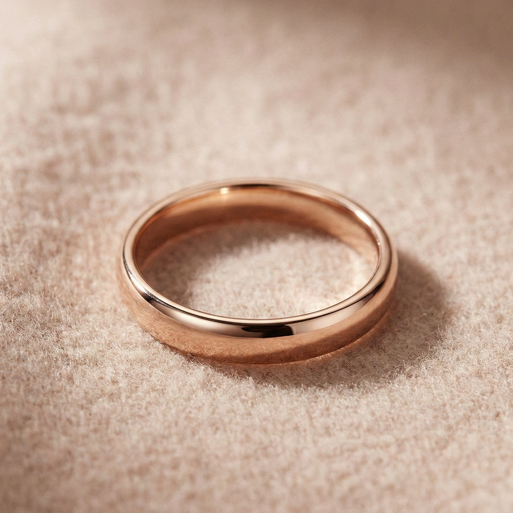 18K rose gold wedding band with a warm blush tone photographed on a neutral fabric surface