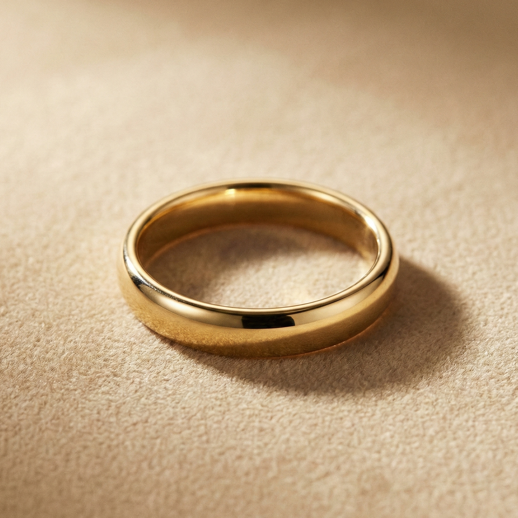 18K yellow gold wedding band with a classic rich gold shine on a soft beige backdrop