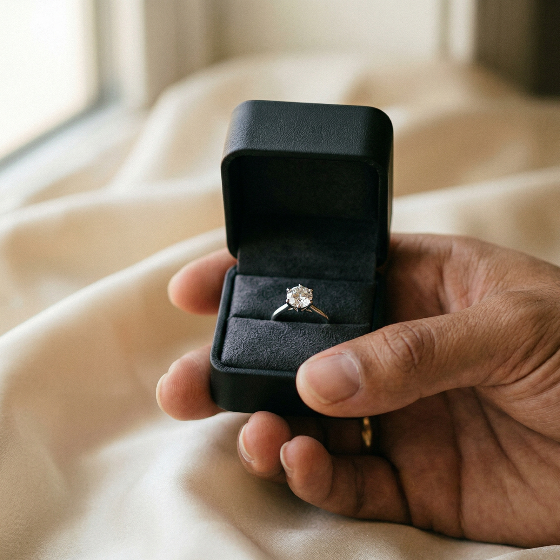 A close-up photograph of a man's hand holding open a black velvet ring box which contains a single, brilliant-cut diamond solitaire engagement ring. The box is held over a draped cream-colored silk or satin fabric background, and natural light comes from a window on the left.