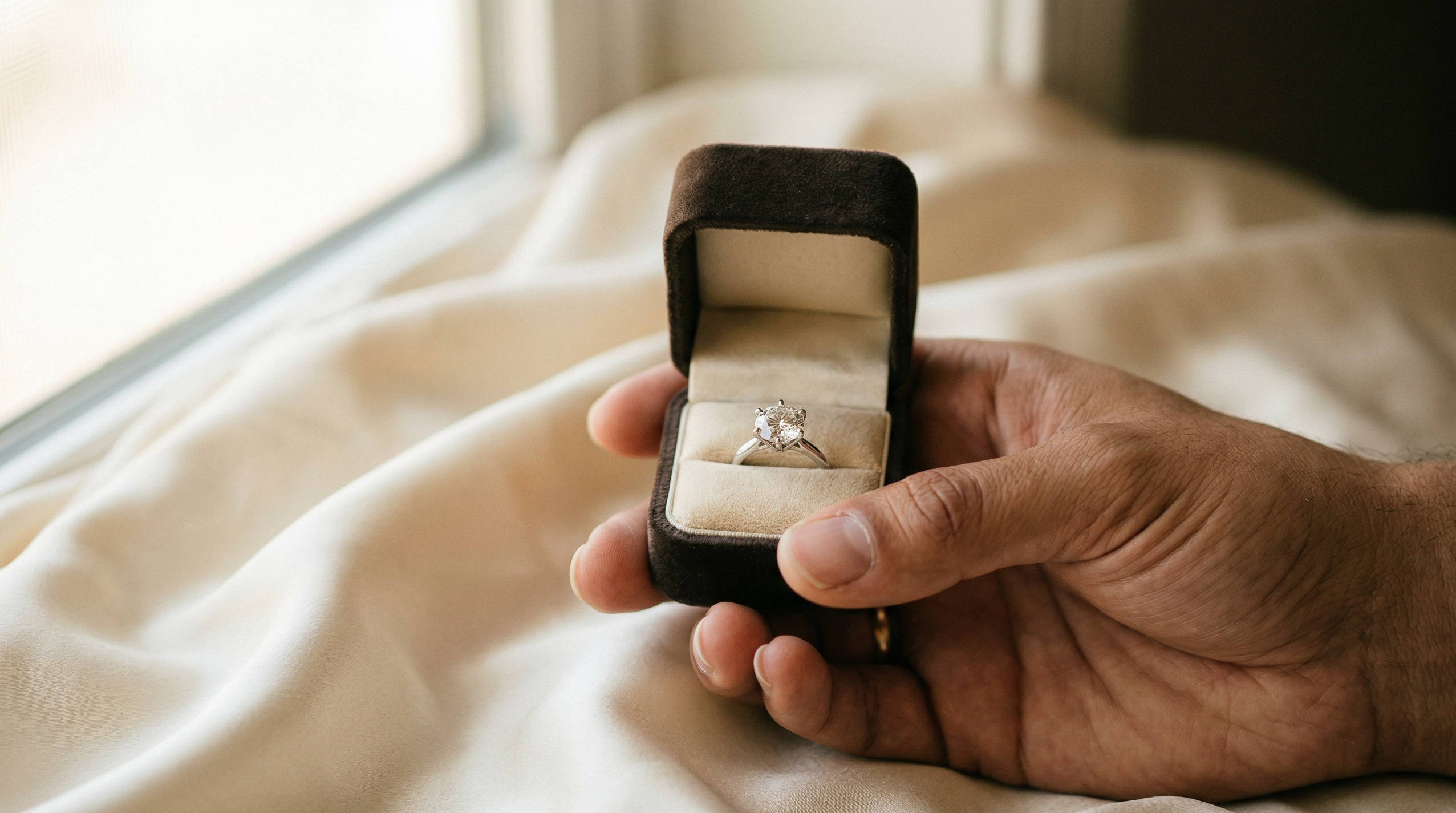 A close-up photograph of a man's hand gently holding an open dark brown velvet ring box that contains a single solitaire diamond engagement ring. The ring box rests on a soft, draped cream silk fabric background. Natural light comes from a window on the left.