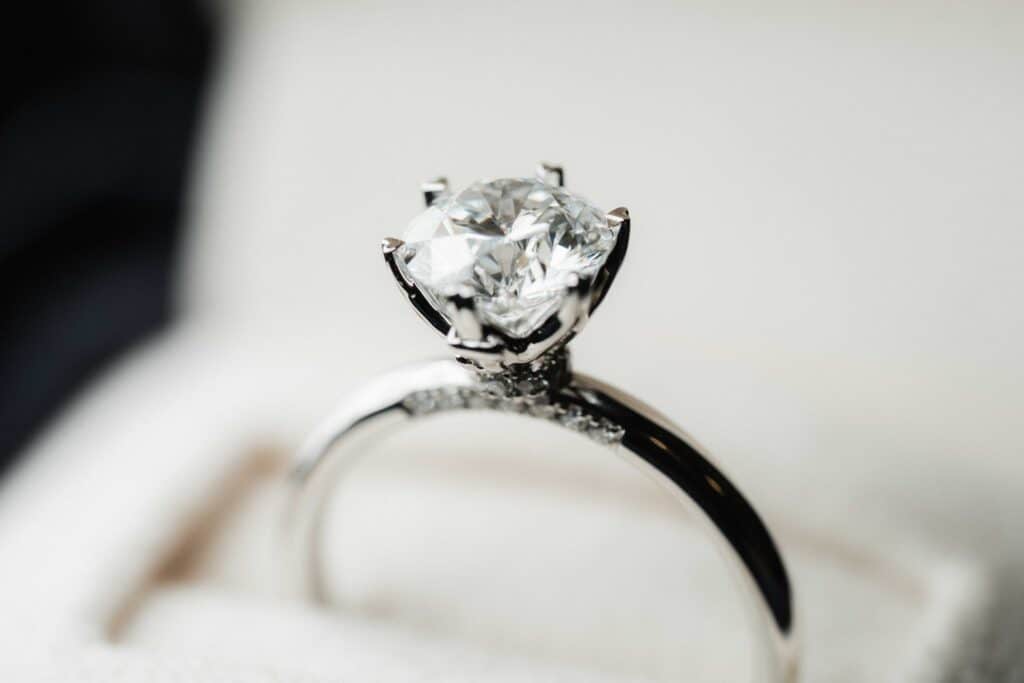 1.0ct heart-shaped engagement ring with six prong tips in a platinum setting.