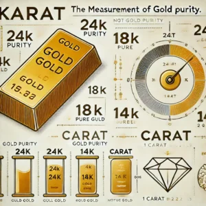 Infographic comparing Karat and Carat: On the left, 'Karat' is illustrated with a gold bar and a purity scale showing levels like 24K, 18K, and 14K, highlighting that Karat measures gold purity, with 24K being pure gold. On the right, 'Carat' is depicted with a diamond and a weight scale, explaining that Carat measures gemstone weight, with 1 Carat equaling 0.2 grams. Light background with clear text for readability.