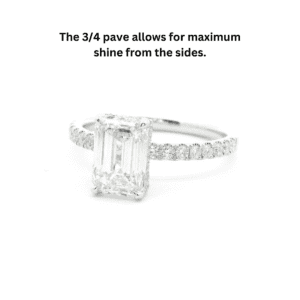 Side profile of a 2.0ct emerald-cut diamond ring featuring a 3/4 pave band for maximum shine from all angles