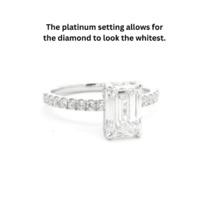 Detailed close-up of the 2.0ct emerald-cut diamond ring in platinum, showcasing the brilliant whiteness of the setting.