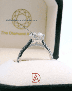 Side profile of the engagement ring showcasing the hidden halo and a custom bunny motif in the setting.