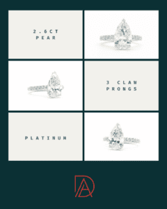 A detailed breakdown of the 2.6ct Pear-Cut Diamond Ring, showcasing its platinum setting, 3-claw prongs, hidden halo, and 3/4 pave band.